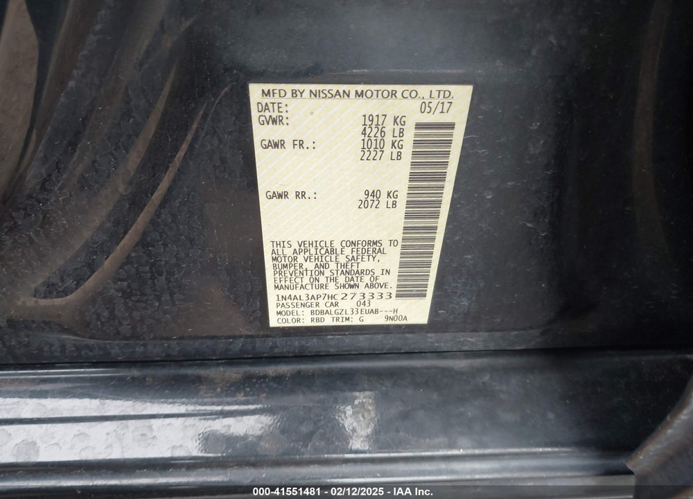 2017 NISSAN ALTIMA VIN: 1N4AL3AP7HC273333