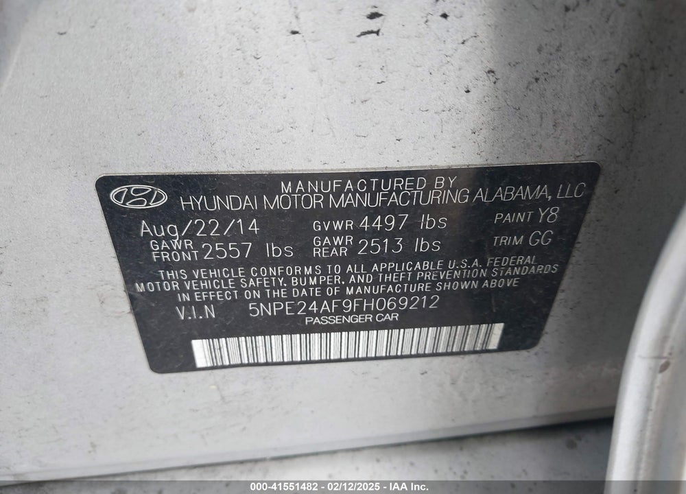 2015 HYUNDAI SONATA SE VIN: 5NPE24AF9FH069212