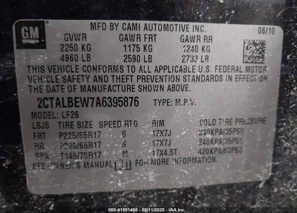 2010 GMC TERRAIN SLE-1 VIN: 2CTALBEW7A6395876