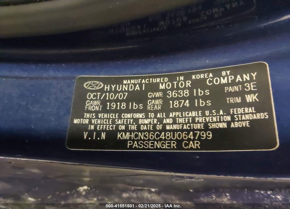 2008 HYUNDAI ACCENT VIN: KMHCN36C48U064799