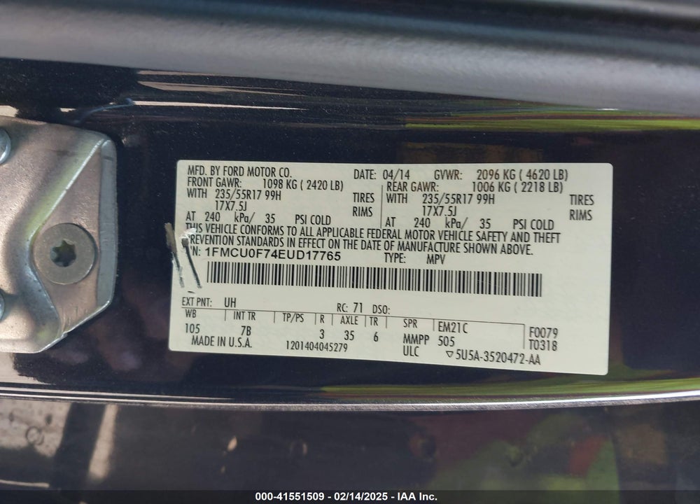 2014 FORD ESCAPE S VIN: 1FMCU0F74EUD17765
