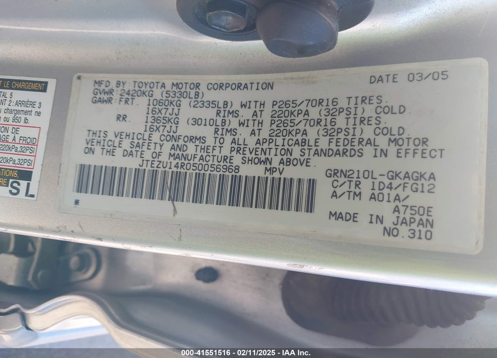 2005 TOYOTA 4RUNNER VIN: JTEZU14R050056968