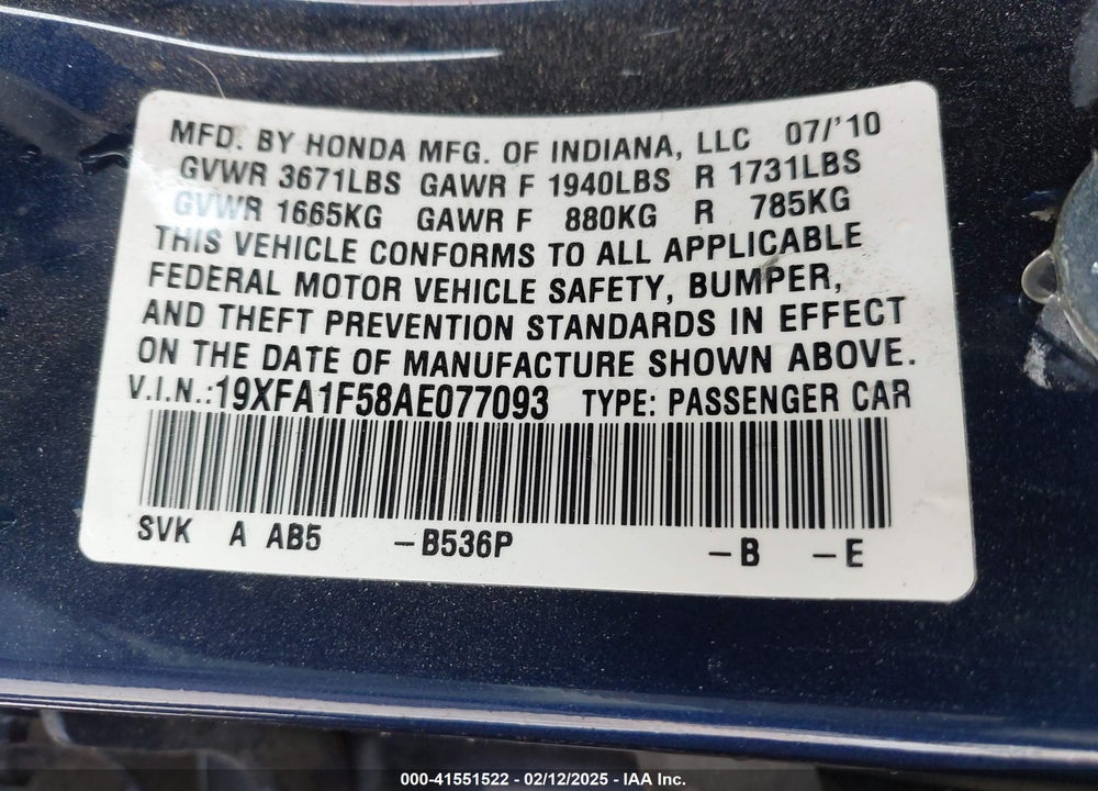 2010 HONDA CIVIC LX VIN: 19XFA1F58AE077093