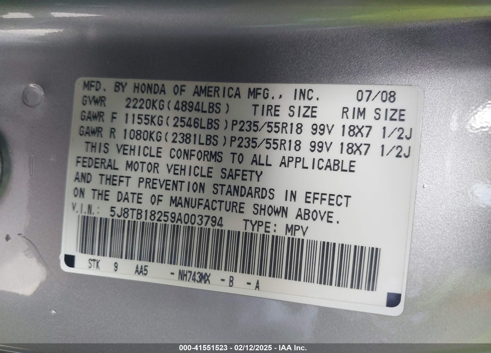 2009 ACURA RDX VIN: 5J8TB18259A003794