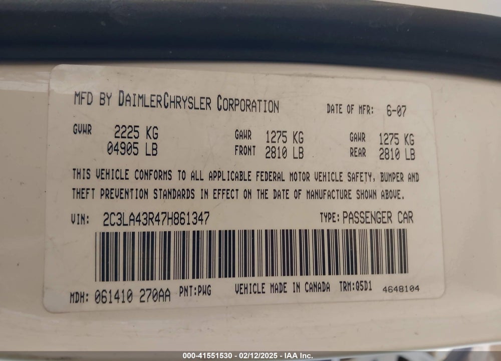 2007 CHRYSLER 300 VIN: 2C3LA43R47H861347