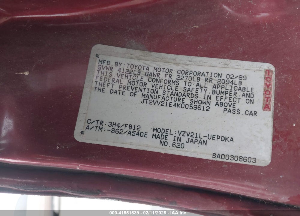 1989 TOYOTA CAMRY DLX VIN: JT2VV21E4K0059612