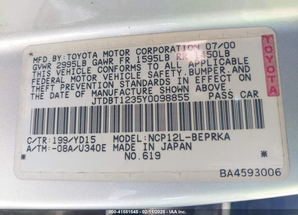 2000 TOYOTA ECHO VIN: JTDBT1235Y0098855