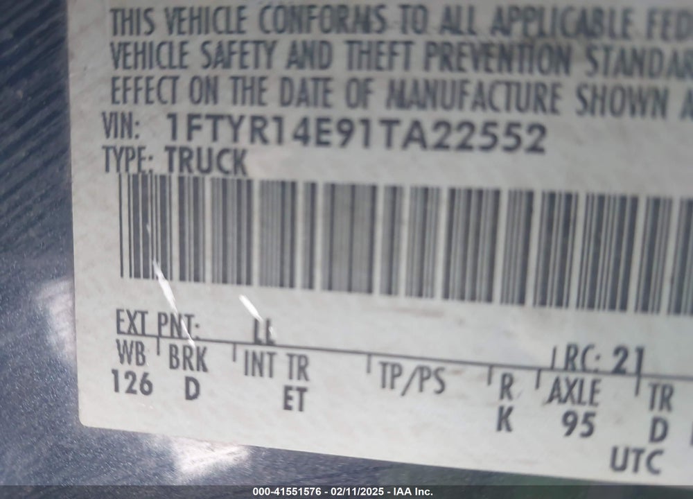 2001 FORD RANGER EDGE/XLT VIN: 1FTYR14E91TA22552