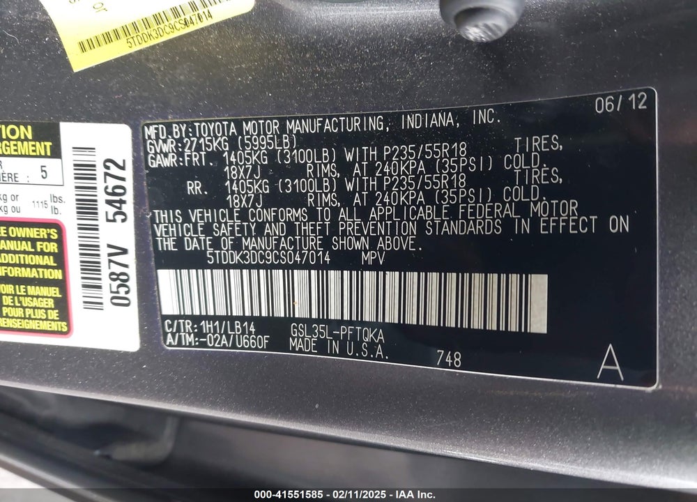 2012 TOYOTA SIENNA VIN: 5TDDK3DC9CS047014