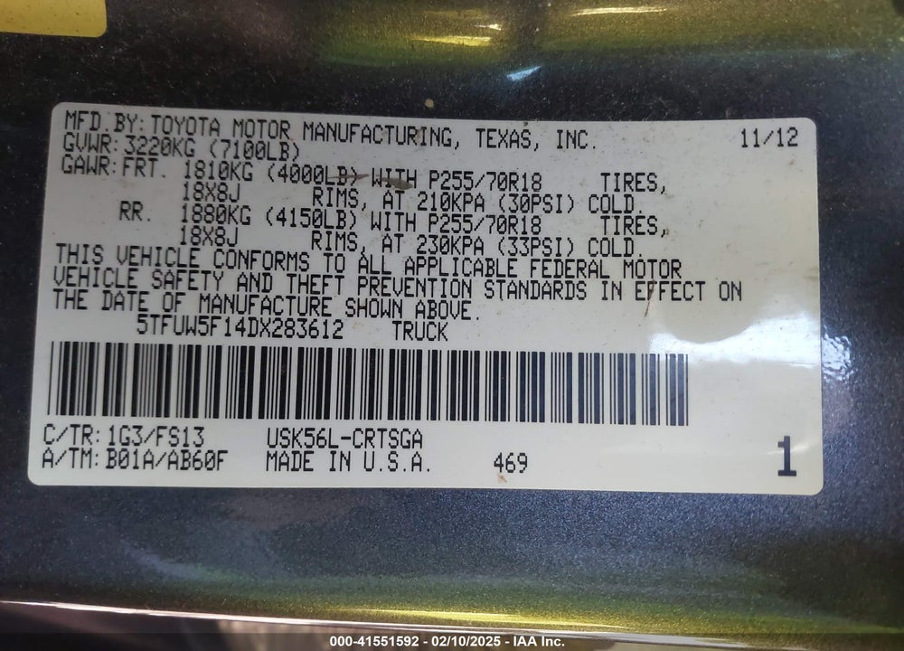 2013 TOYOTA TUNDRA GRADE 5.7L V8 VIN: 5TFUW5F14DX283612