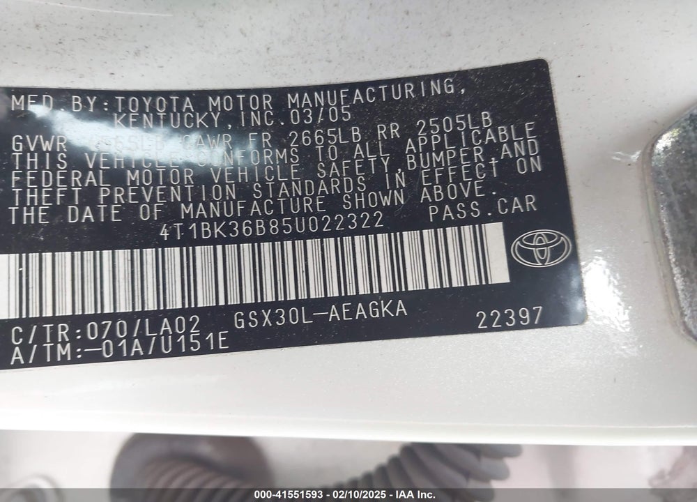 2005 TOYOTA AVALON XLS VIN: 4T1BK36B85U022322