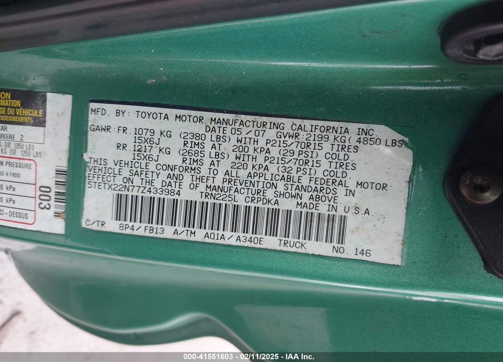 2007 TOYOTA TACOMA VIN: 5TETX22N77Z433984
