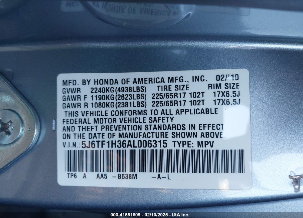 2010 HONDA ACCORD CROSSTOUR EX VIN: 5J6TF1H36AL006315