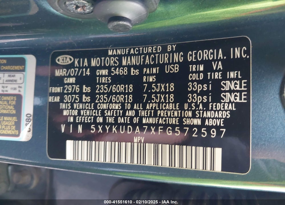 2015 KIA SORENTO VIN: 5XYKUDA7XFG572597