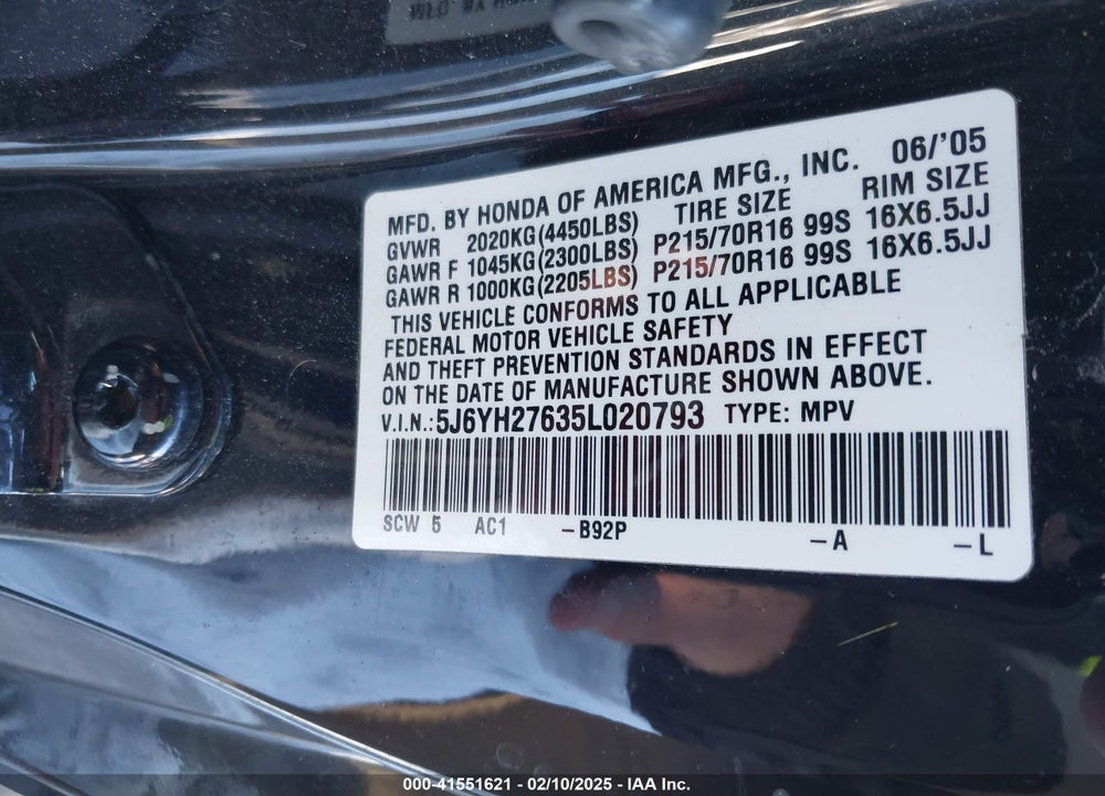 2005 HONDA ELEMENT EX VIN: 5J6YH27635L020793