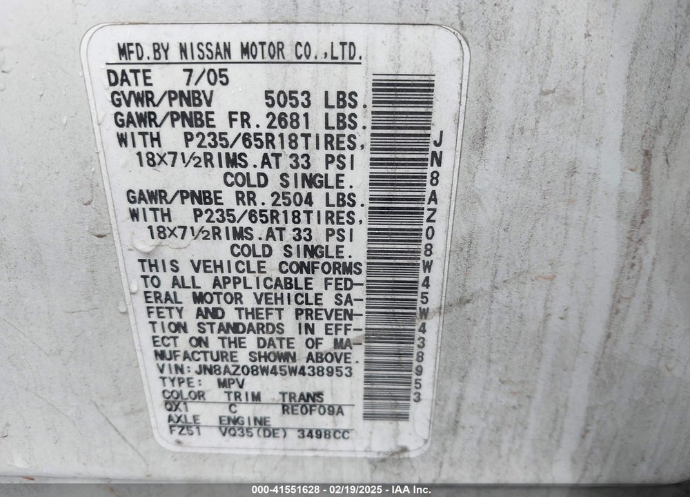 2005 NISSAN MURANO SE VIN: JN8AZ08W45W438953