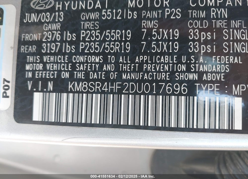 2013 HYUNDAI SANTA FE LIMITED VIN: KM8SR4HF2DU017696