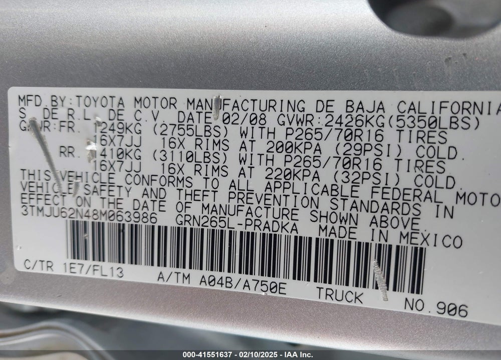 2008 TOYOTA TACOMA VIN: 3TMJU62N48M063986