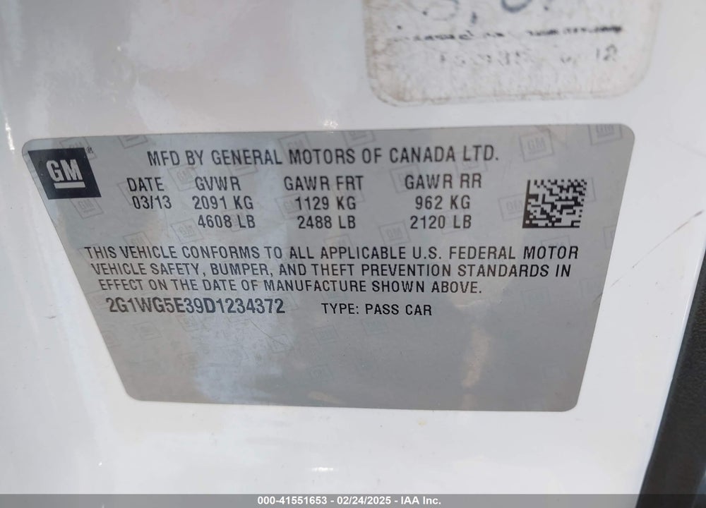2013 CHEVROLET IMPALA LT VIN: 2G1WG5E39D1234372