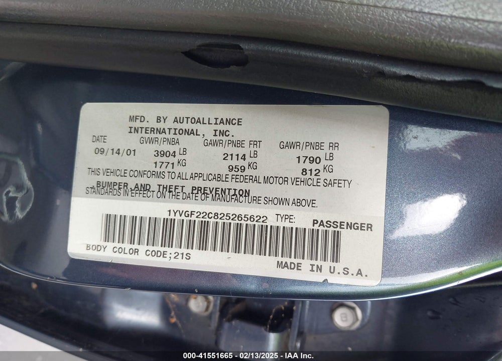 2002 MAZDA 626 LX VIN: 1YVGF22C825265622