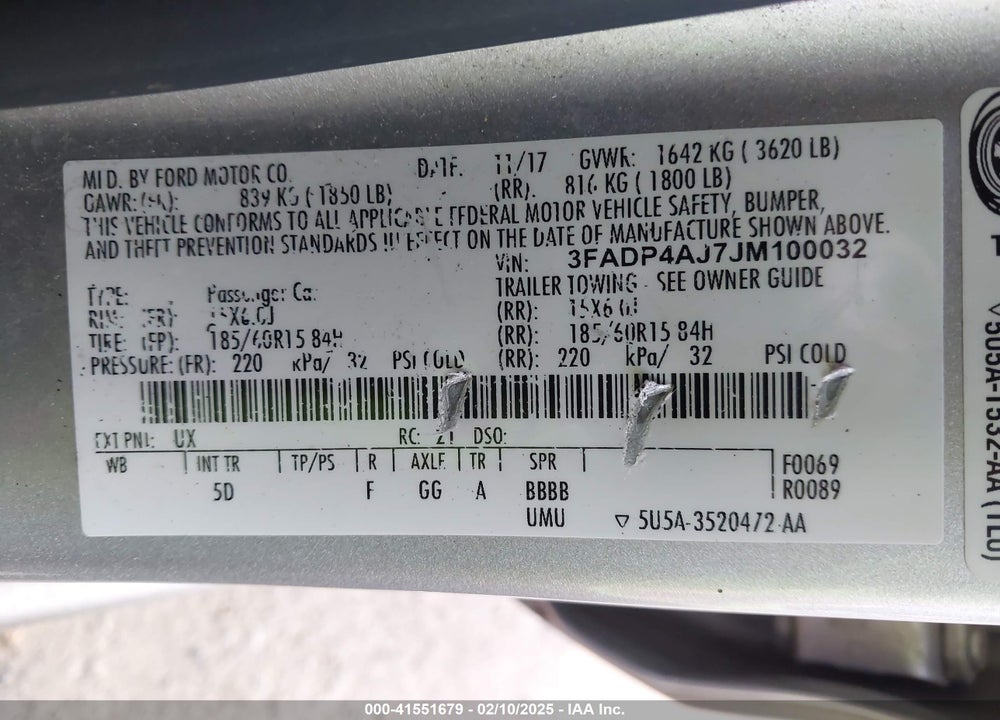 2018 FORD FIESTA VIN: 3FADP4AJ7JM100032