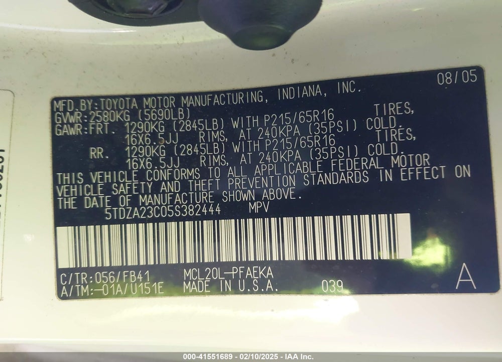 2005 TOYOTA SIENNA LE VIN: 5TDZA23C05S382444