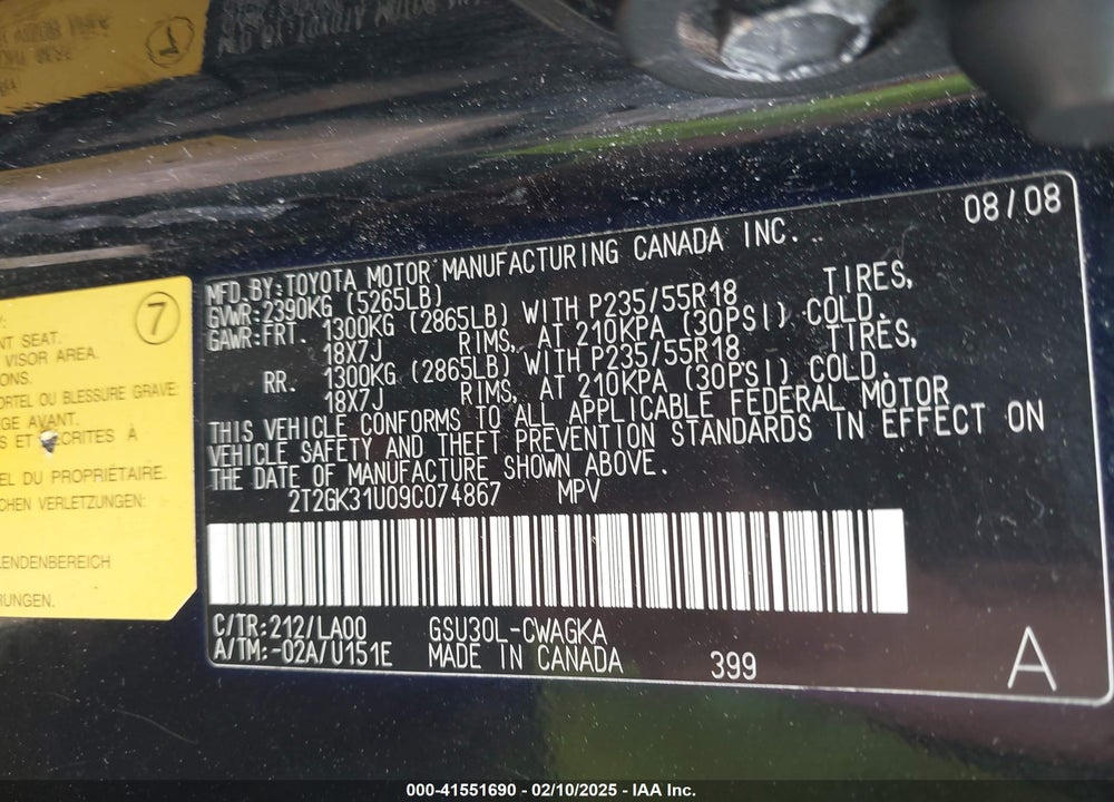 2009 LEXUS RX 350 VIN: 2T2GK31U09C074867