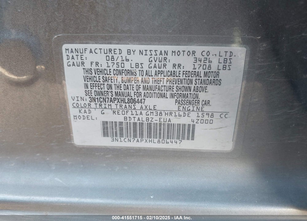 2017 NISSAN VERSA 1.6 SV VIN: 3N1CN7APXHL806447