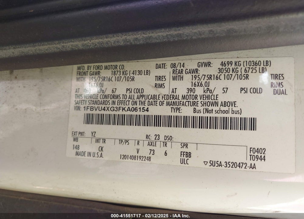 2015 FORD TRANSIT-350 XLT VIN: 1FBVU4XG3FKA06154