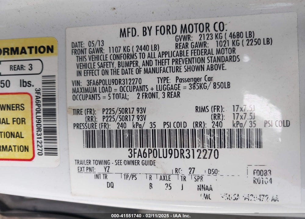 2013 FORD FUSION HYBRID VIN: 3FA6P0LU9DR312270