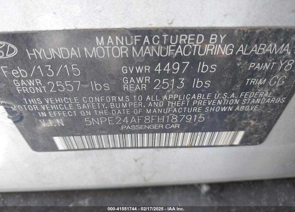 2015 HYUNDAI SONATA SE VIN: 5NPE24AF8FH187915