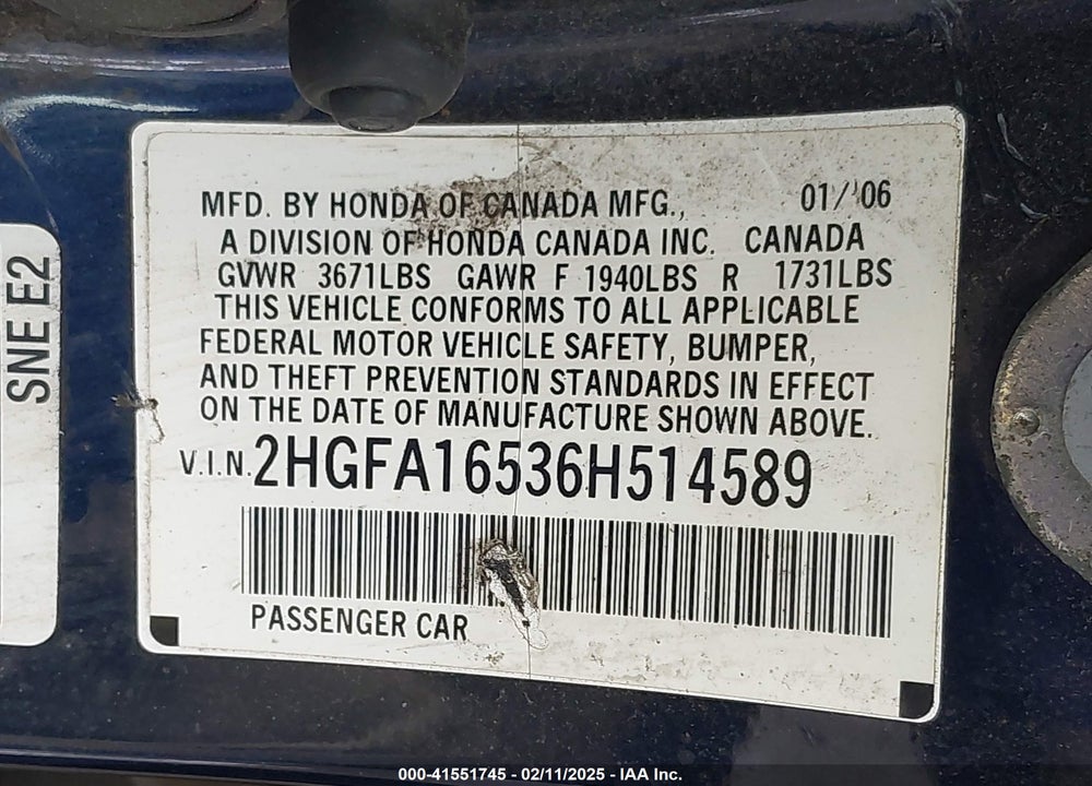 2006 HONDA CIVIC LX VIN: 2HGFA16536H514589