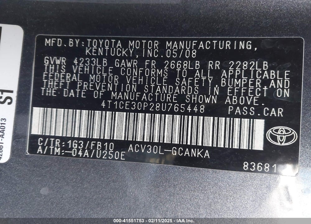 2008 TOYOTA CAMRY SOLARA VIN: 4T1CE30P28U765448