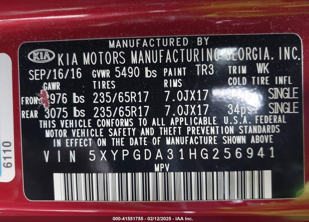2017 KIA SORENTO 2.4L LX VIN: 5XYPGDA31HG256941