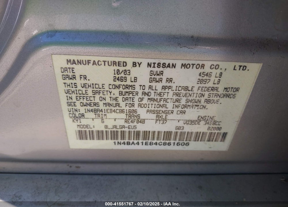 2004 NISSAN MAXIMA 3.5 SL VIN: 1N4BA41E84C861606