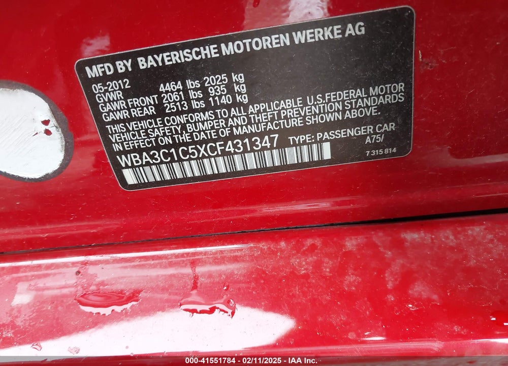 2012 BMW 3 SERIES VIN: WBA3C1C5XCF431347
