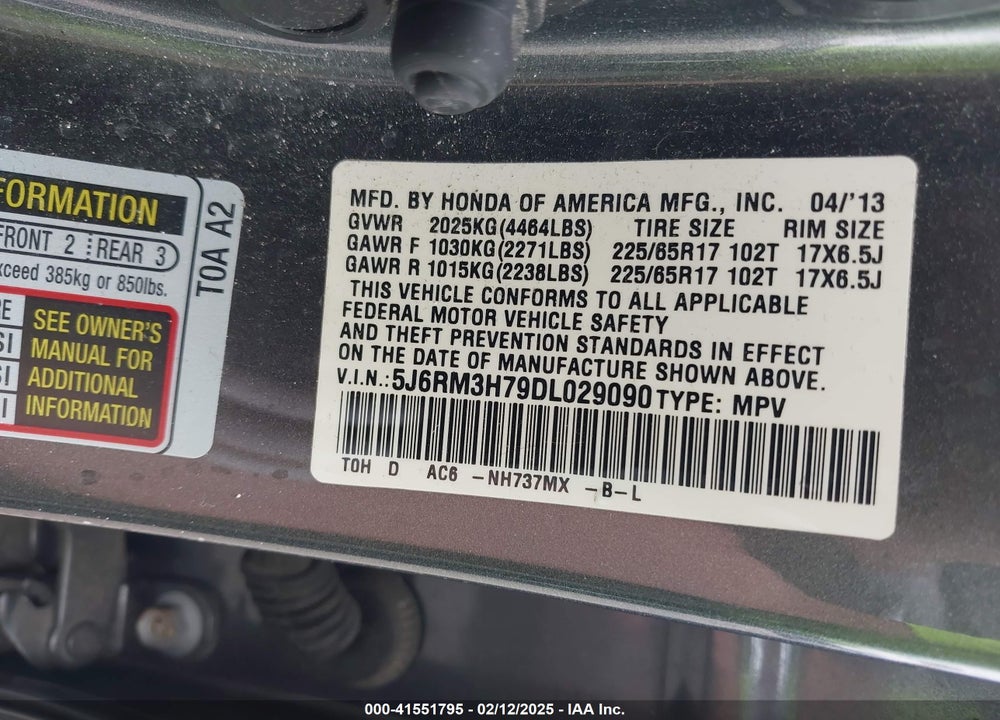 2013 HONDA CR-V EX-L VIN: 5J6RM3H79DL029090