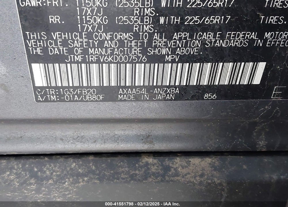 2019 TOYOTA RAV4 LE VIN: JTMF1RFV6KD007576