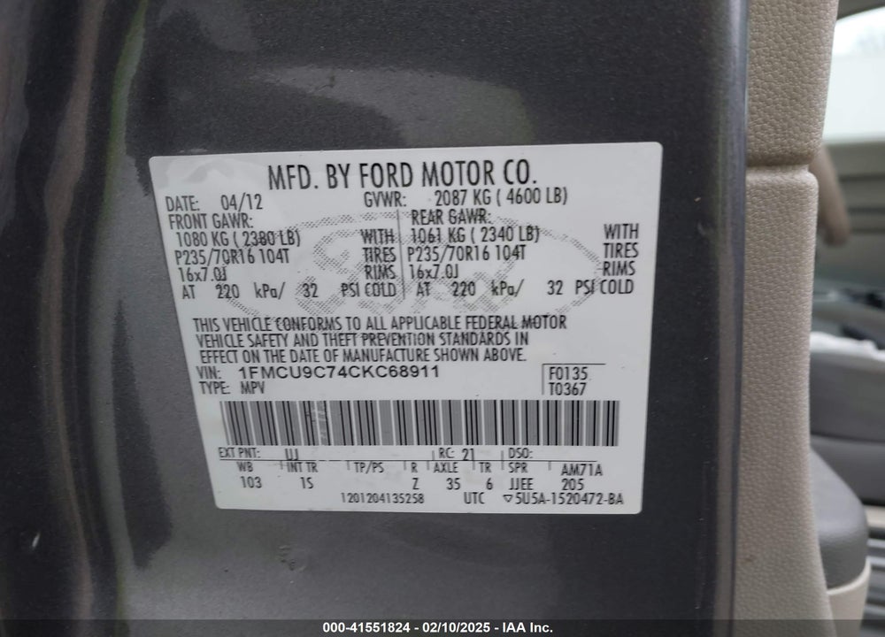 2012 FORD ESCAPE XLS VIN: 1FMCU9C74CKC68911