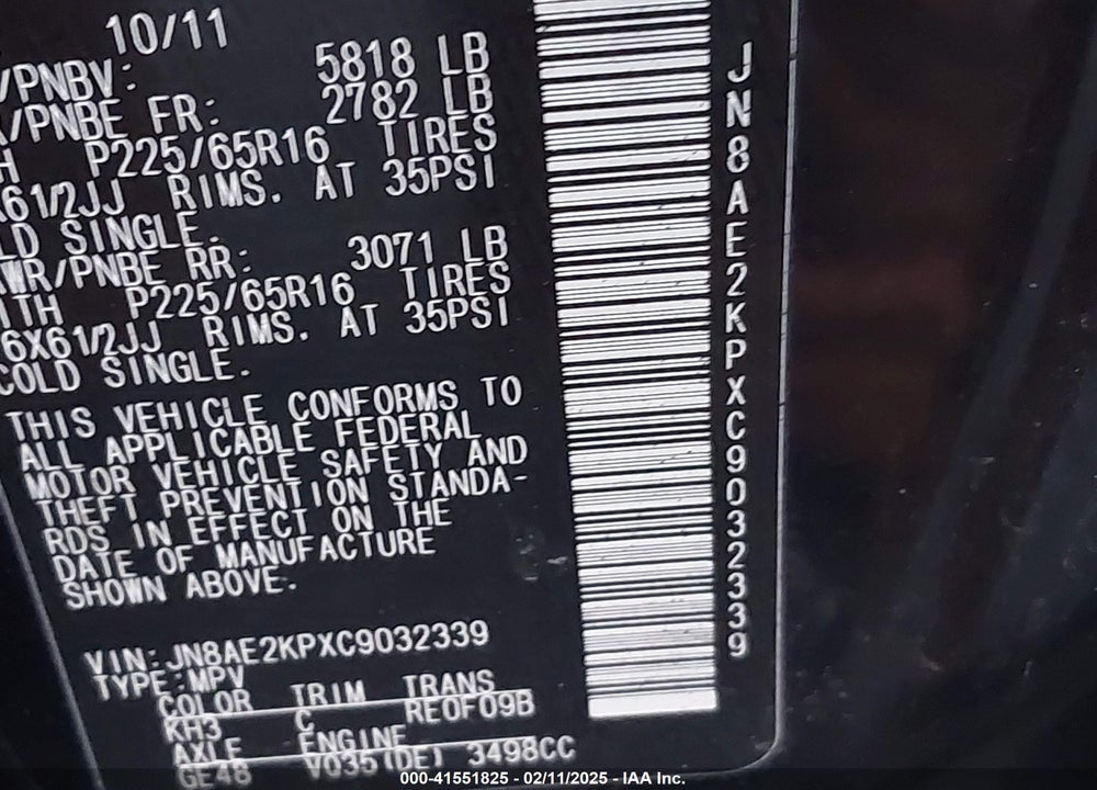 2012 NISSAN QUEST VIN: JN8AE2KPXC9032339