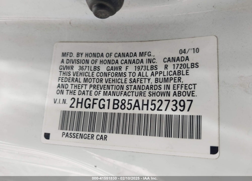 2010 HONDA CIVIC EX VIN: 2HGFG1B85AH527397