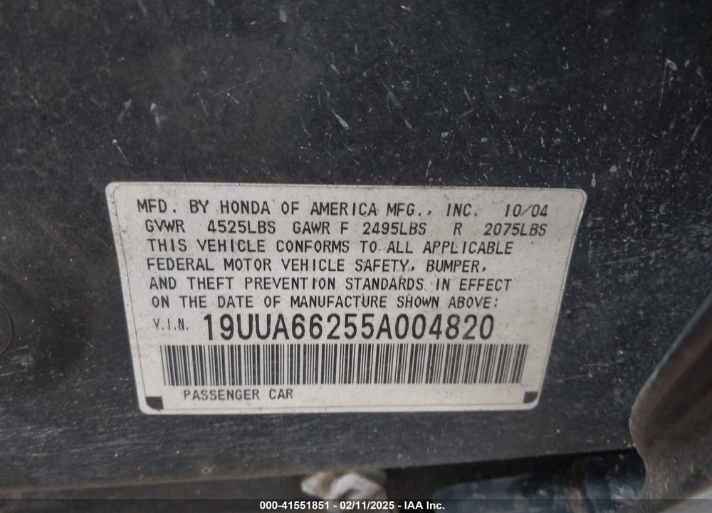 2005 ACURA TL VIN: 19UUA66255A004820