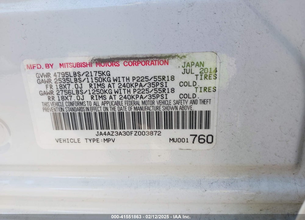 2015 MITSUBISHI OUTLANDER VIN: JA4AZ3A30FZ003872