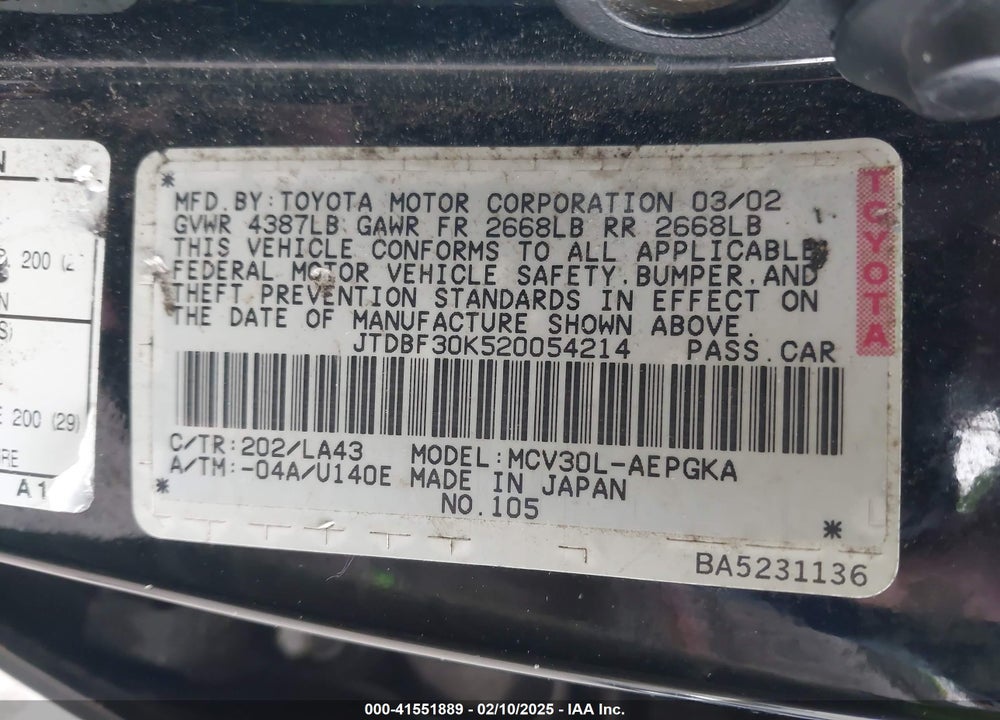 2002 TOYOTA CAMRY XLE V6 VIN: JTDBF30K520054214