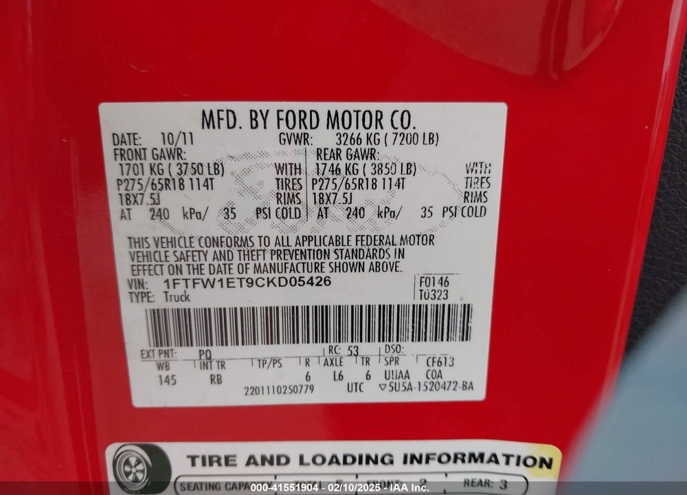 2012 FORD F-150 FX4 VIN: 1FTFW1ET9CKD05426