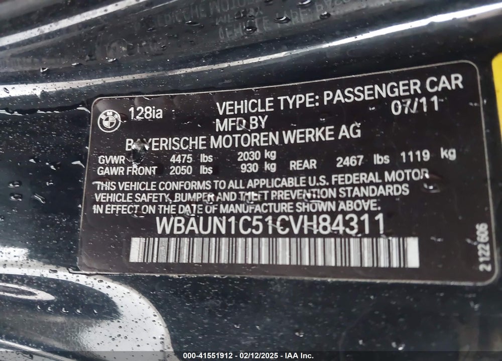 2012 BMW 128I VIN: WBAUN1C51CVH84311