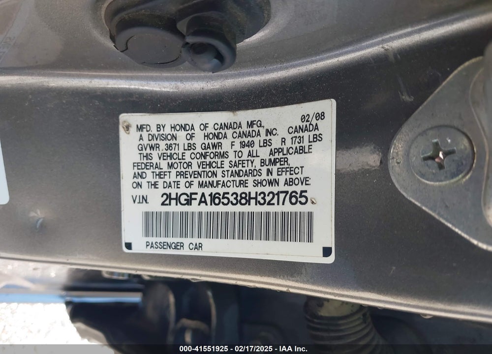 2008 HONDA CIVIC VIN: 2HGFA16538H321765