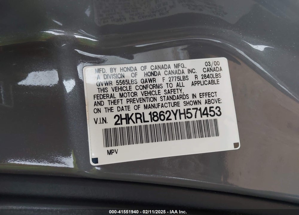 2000 HONDA ODYSSEY EX VIN: 2HKRL1862YH571453