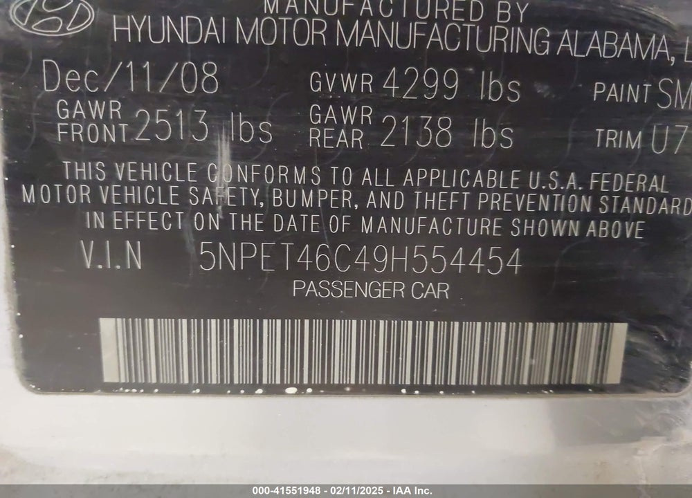 2009 HYUNDAI SONATA GLS VIN: 5NPET46C49H554454