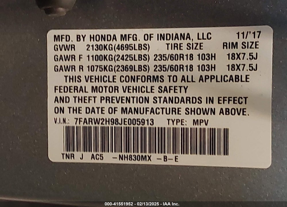 2018 HONDA CR-V TOURING VIN: 7FARW2H98JE005913